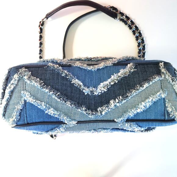 Michael Kors Sloan Denim Crossbody Shoulder Bag Blue Chevron Fringe Patchwork - Picture 12 of 16